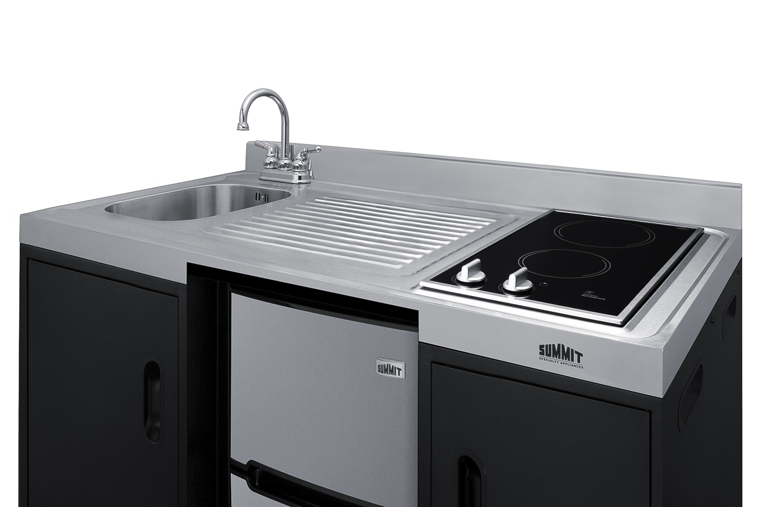 54 inch wide ADA counter height all-in-one kitchenette in black with a removable 2-burner 115V smooth top cooktop, 2-door refrigerator-freezer, sink, and two storage cabinets